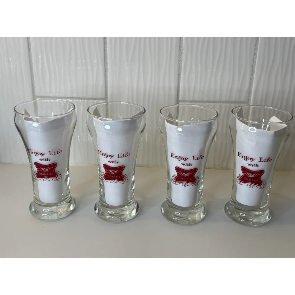 VTG Miller High Life Collectible Beer Glass Set 4 Logo Breweriana Barware MCM